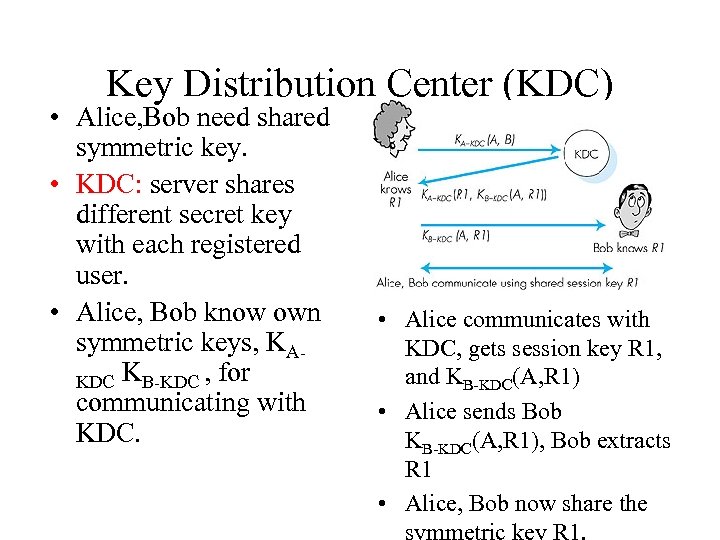 Key Distribution Center (KDC) • Alice, Bob need shared symmetric key. • KDC: server
