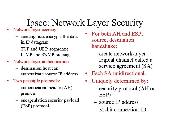Ipsec: Network Layer Security • Network-layer secrecy: – sending host encrypts the data in
