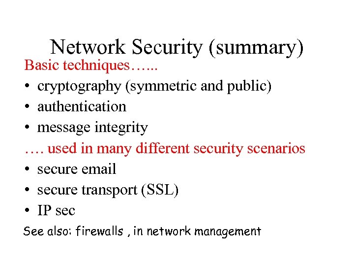Network Security (summary) Basic techniques…. . . • cryptography (symmetric and public) • authentication