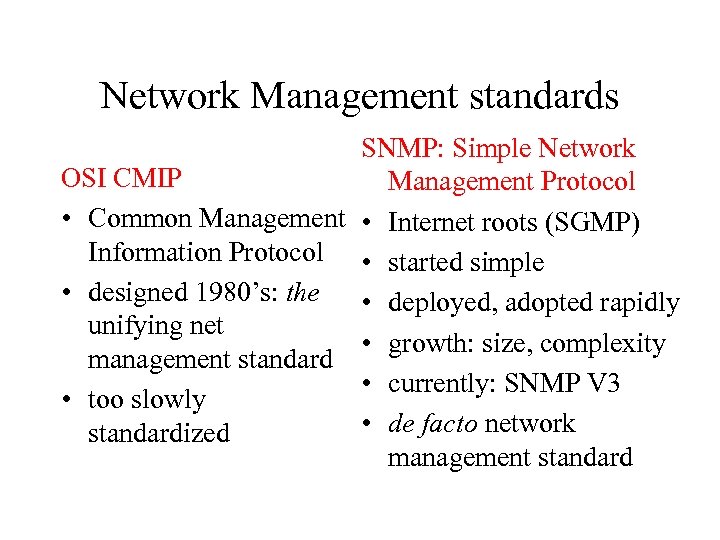 Network Management standards SNMP: Simple Network OSI CMIP Management Protocol • Common Management •