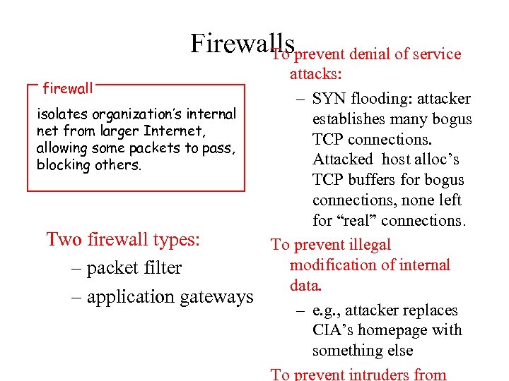 Firewallsprevent denial of service To firewall isolates organization’s internal net from larger Internet, allowing