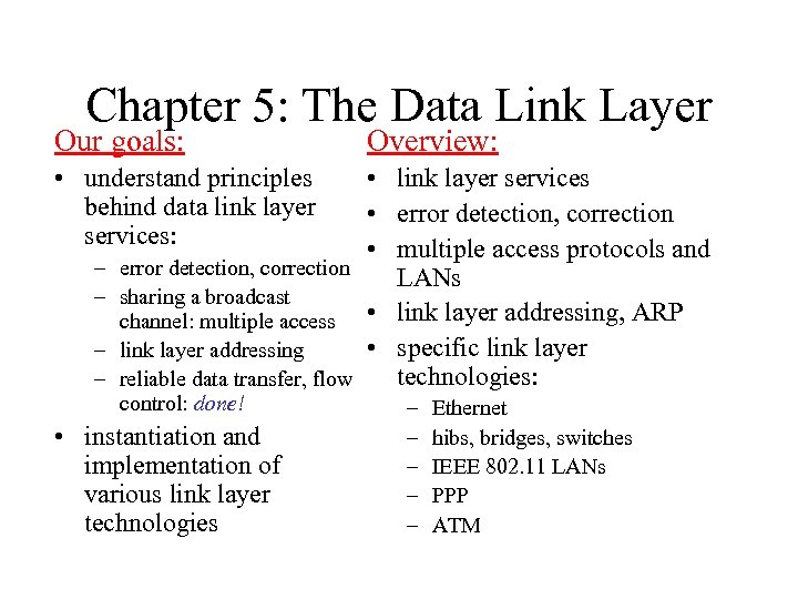 Chapter 5: The Data Link Layer Our goals: Overview: • understand principles behind data