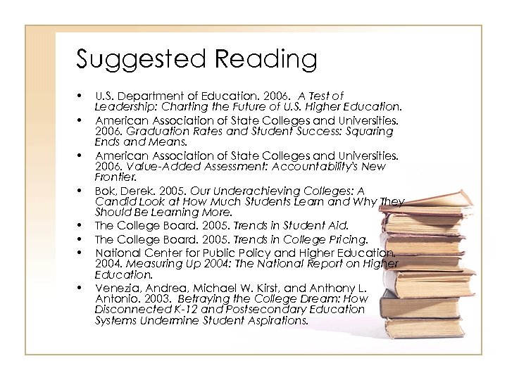 Suggested Reading • • U. S. Department of Education. 2006. A Test of Leadership: