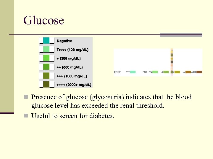 Glucose n Presence of glucose (glycosuria) indicates that the blood glucose level has exceeded