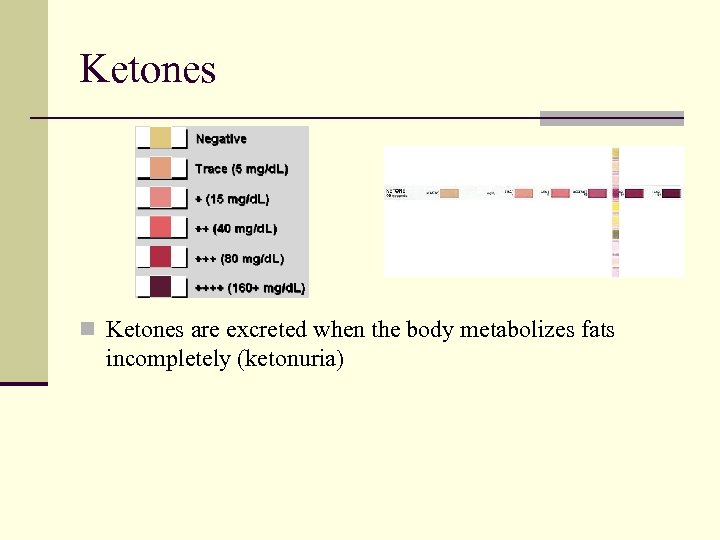 Ketones n Ketones are excreted when the body metabolizes fats incompletely (ketonuria) 