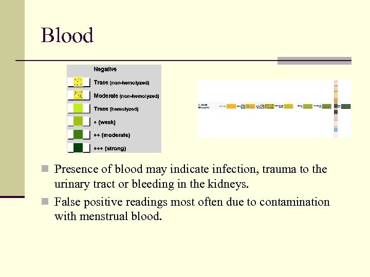 Blood n Presence of blood may indicate infection, trauma to the urinary tract or