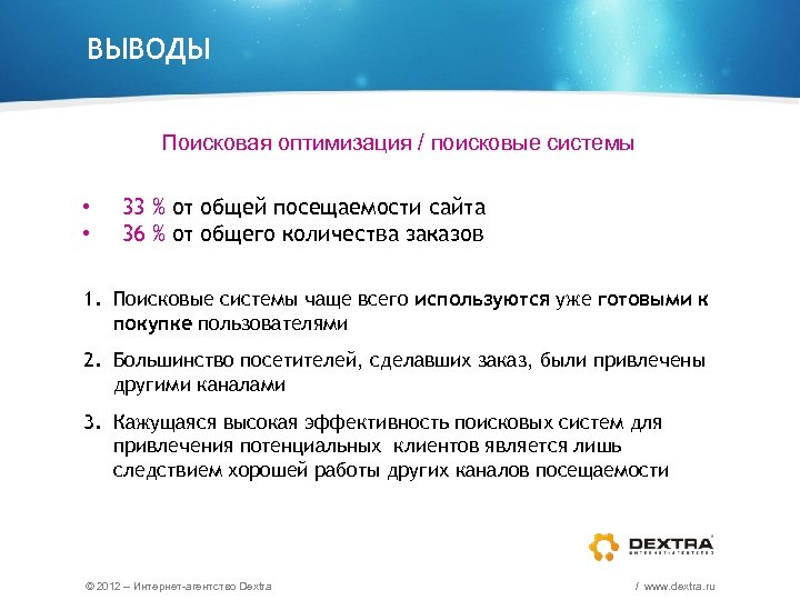 ВЫВОДЫ Поисковая оптимизация / поисковые системы • • 33 % от общей посещаемости сайта