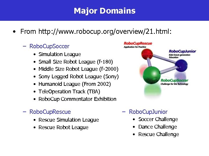 Major Domains • From http: //www. robocup. org/overview/21. html: – Robo. Cup. Soccer •