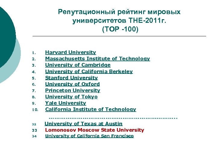 Репутационный рейтинг мировых университетов THE-2011 г. (TOP -100) 1. 2. 3. 4. 5. 6.