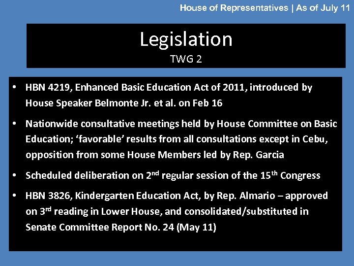 House of Representatives | As of July 11 Legislation TWG 2 • HBN 4219,