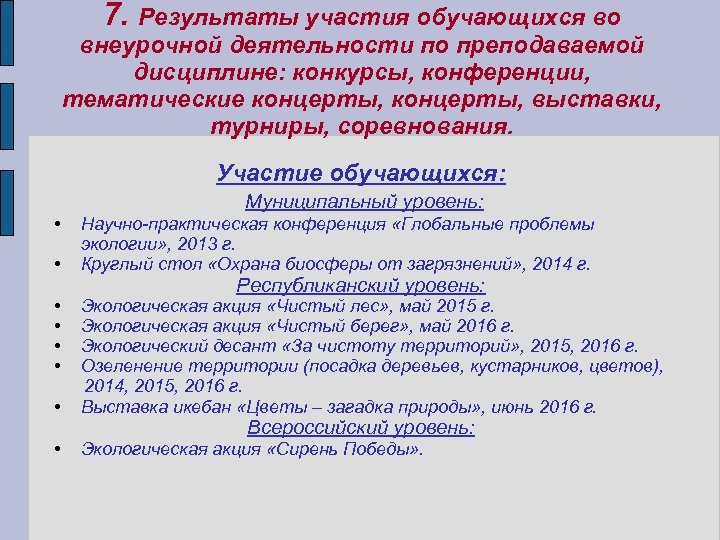 7. Результаты участия обучающихся во внеурочной деятельности по преподаваемой дисциплине: конкурсы, конференции, тематические концерты,