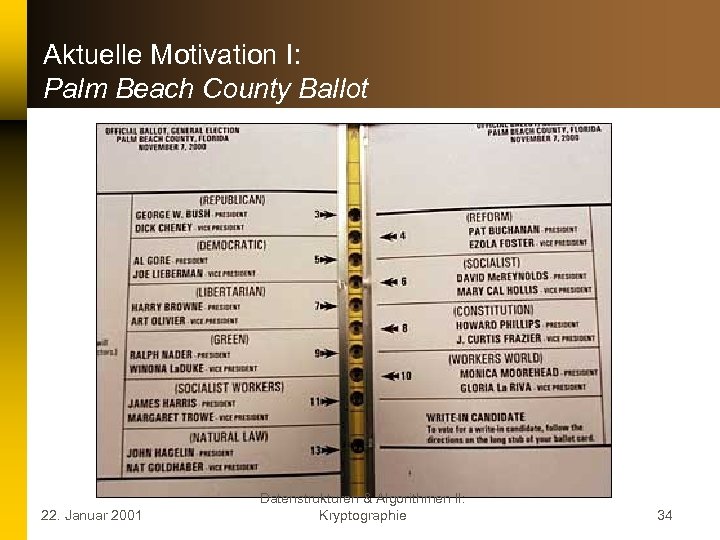Aktuelle Motivation I: Palm Beach County Ballot 22. Januar 2001 Datenstrukturen & Algorithmen II: