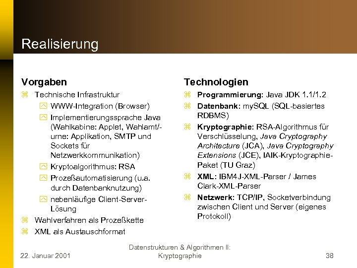 Realisierung Vorgaben Technologien z Technische Infrastruktur y WWW-Integration (Browser) y Implementierungssprache Java (Wahlkabine: Applet,