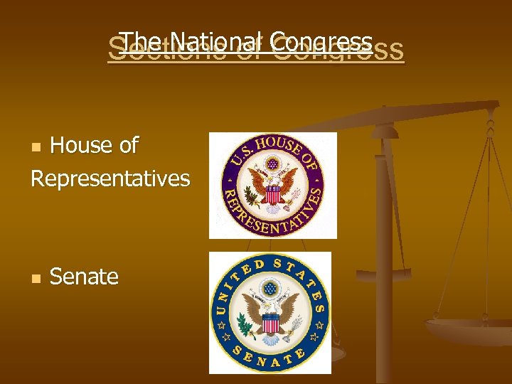 The National Congress Sections of Congress House of Representatives n n Senate 