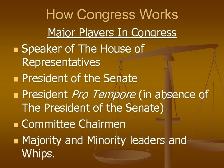 How Congress Works Major Players In Congress n Speaker of The House of Representatives