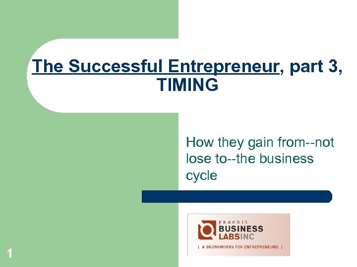 The Successful Entrepreneur, part 3, TIMING How they gain from--not lose to--the business cycle