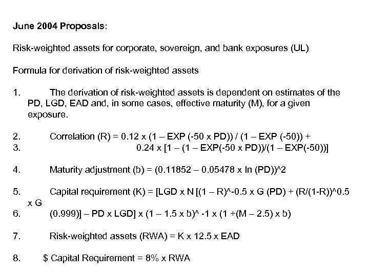 June 2004 Proposals: Risk-weighted assets for corporate, sovereign, and bank exposures (UL) Formula for