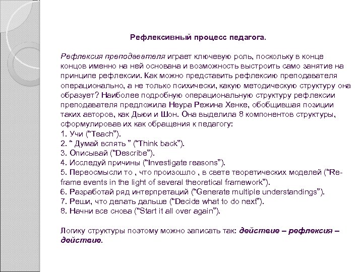  Рефлексивный процесс педагога. Рефлексия преподавателя играет ключевую роль, поскольку в конце концов именно
