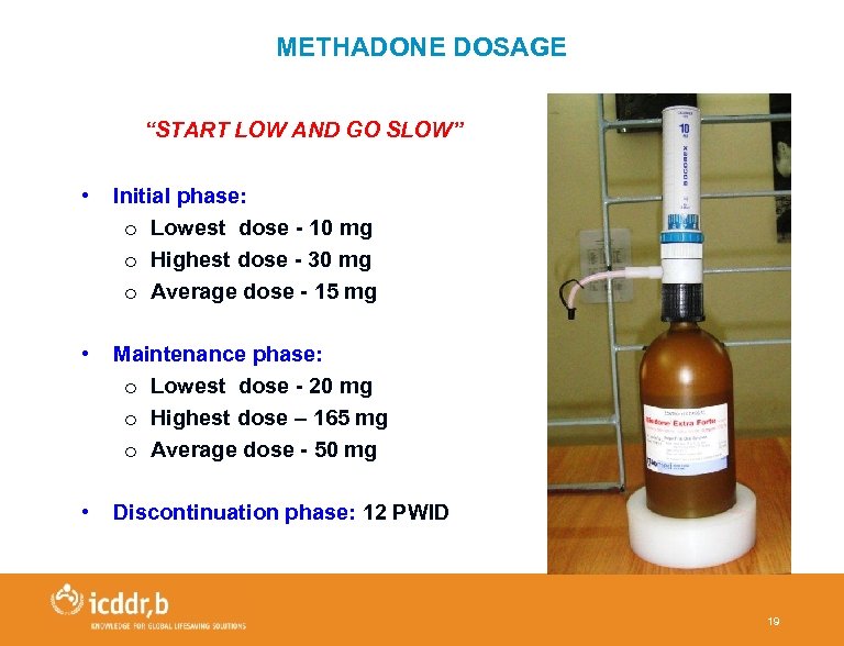 METHADONE DOSAGE “START LOW AND GO SLOW” • Initial phase: o Lowest dose -