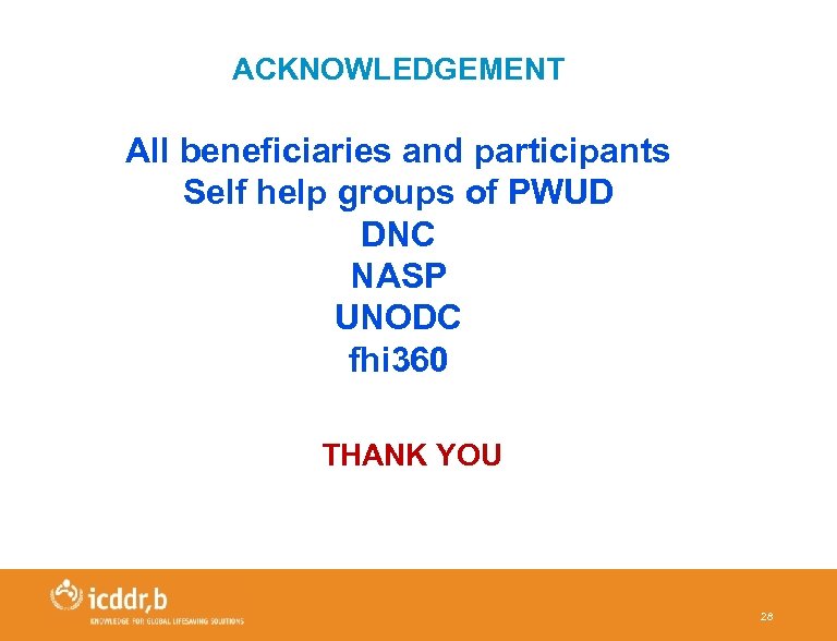 ACKNOWLEDGEMENT All beneficiaries and participants Self help groups of PWUD DNC NASP UNODC fhi