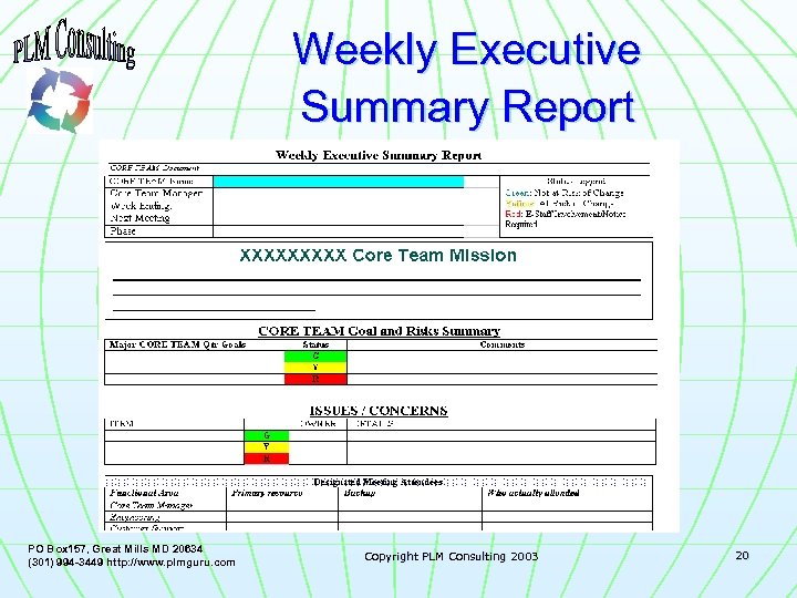 Weekly Executive Summary Report PO Box 157, Great Mills MD 20634 (301) 994 -3449