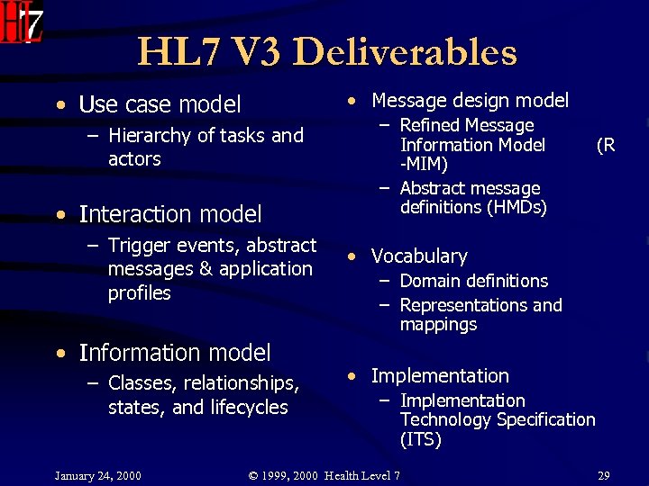 HL 7 V 3 Deliverables • Message design model • Use case model –