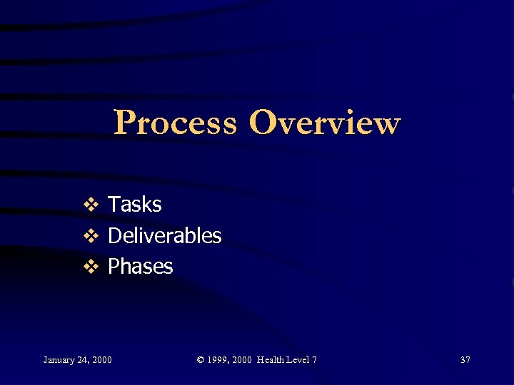 Process Overview v Tasks v Deliverables v Phases January 24, 2000 © 1999, 2000