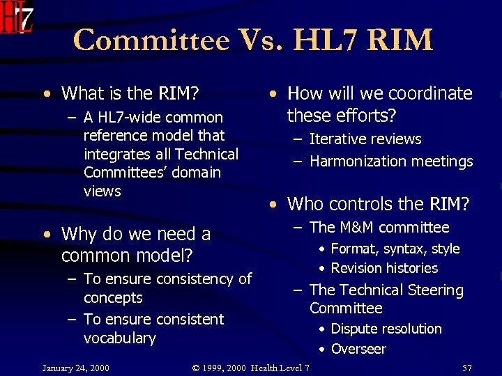 Committee Vs. HL 7 RIM • What is the RIM? – A HL 7
