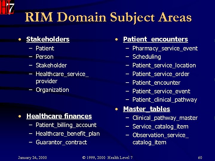 RIM Domain Subject Areas • Stakeholders • Patient_encounters – – Patient Person Stakeholder Healthcare_service_