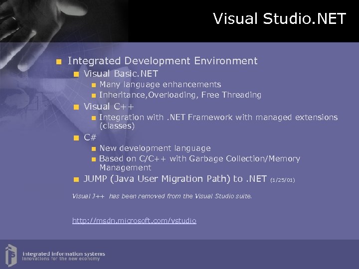 Visual Studio. NET Integrated Development Environment Visual Basic. NET Many language enhancements Inheritance, Overloading,