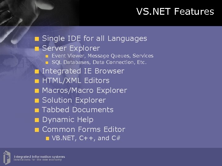 VS. NET Features Single IDE for all Languages Server Explorer Event Viewer, Message Queues,