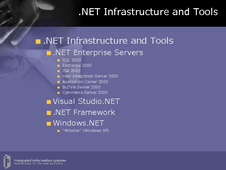 . NET Infrastructure and Tools. NET Enterprise Servers SQL 2000 Exchange 2000 ISA 2000