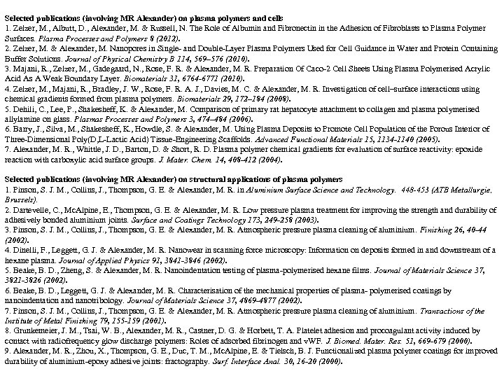 Selected publications (involving MR Alexander) on plasma polymers and cells 1. Zelzer, M. ,