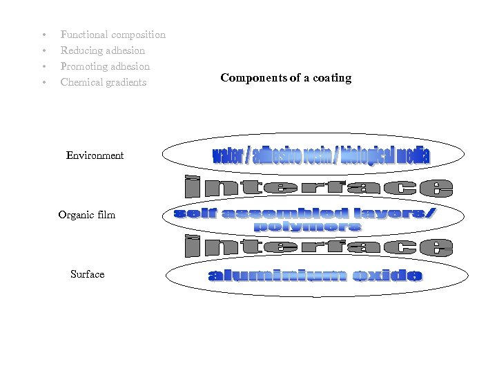  • • Functional composition Reducing adhesion Promoting adhesion Chemical gradients Environment Organic film