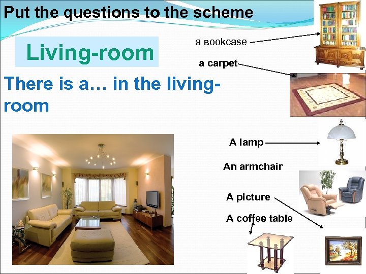 Put the questions to the scheme Living-room а вookcase a carpet There is a…