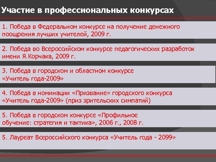 Участие в профессиональных конкурсах 1. Победа в Федеральном конкурсе на получение денежного поощрения лучших