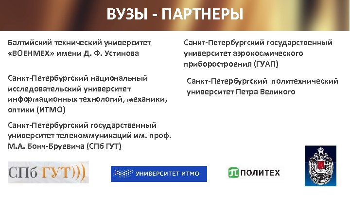 ВУЗЫ - ПАРТНЕРЫ Балтийский технический университет «ВОЕНМЕХ» имени Д. Ф. Устинова Санкт-Петербургский национальный исследовательский