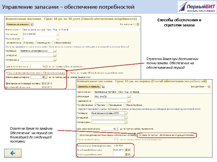 Управление запасами – обеспечение потребностей Способы обеспечения и стратегии заказа Стратегия Заказ при достижении