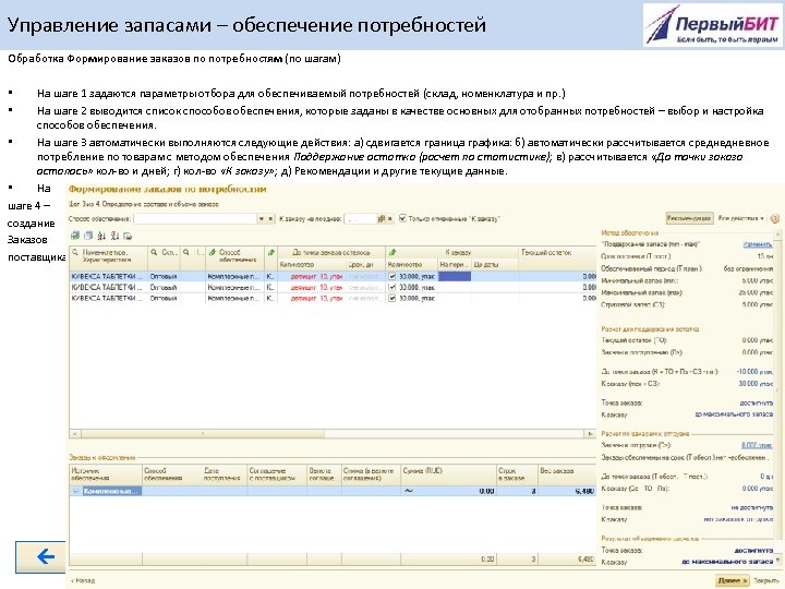 Управление запасами – обеспечение потребностей Обработка Формирование заказов по потребностям (по шагам) На шаге