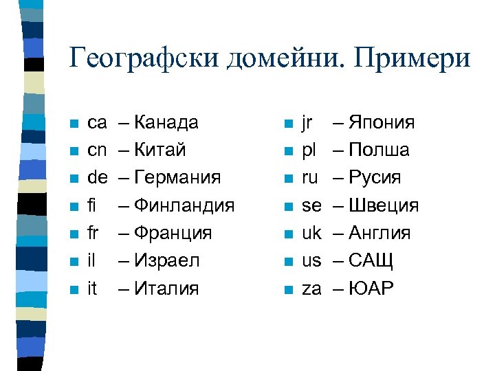 Географски домейни. Примери n n n n ca cn de fi fr il it