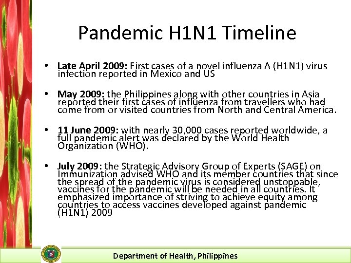 Pandemic H 1 N 1 Timeline • Late April 2009: First cases of a