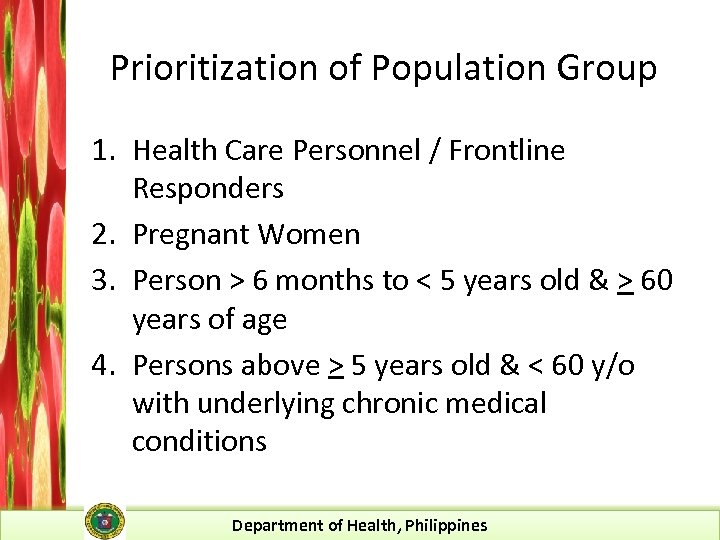 Prioritization of Population Group 1. Health Care Personnel / Frontline Responders 2. Pregnant Women