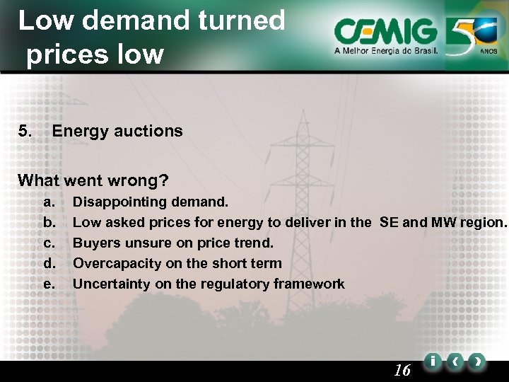 Low demand turned prices low 5. Energy auctions What went wrong? a. b. c.