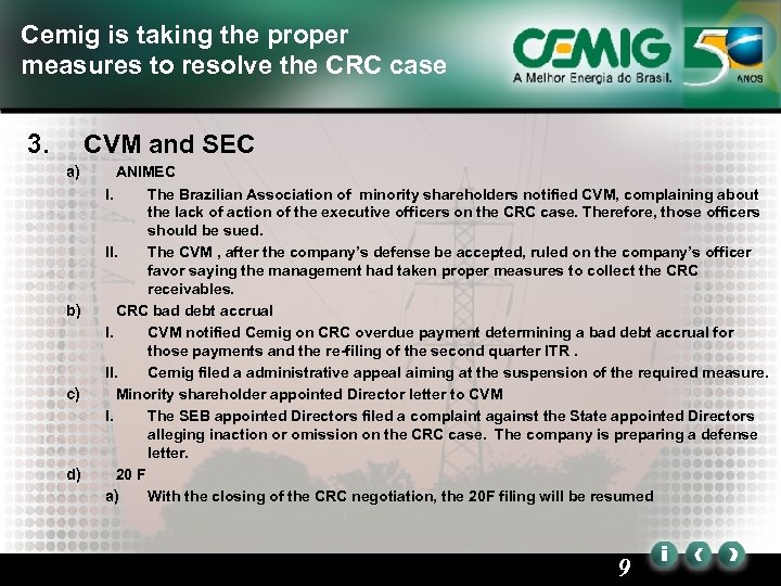 Cemig is taking the proper measures to resolve the CRC case 3. CVM and