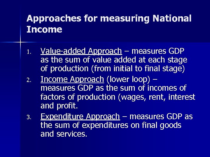 Approaches for measuring National Income 1. 2. 3. Value-added Approach – measures GDP as