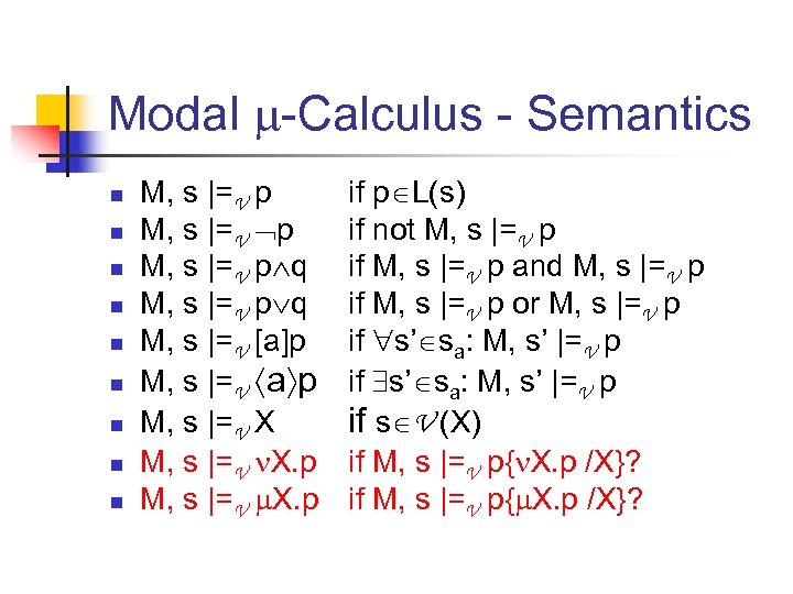 Modal -Calculus - Semantics n n n n n M, s |=V p q
