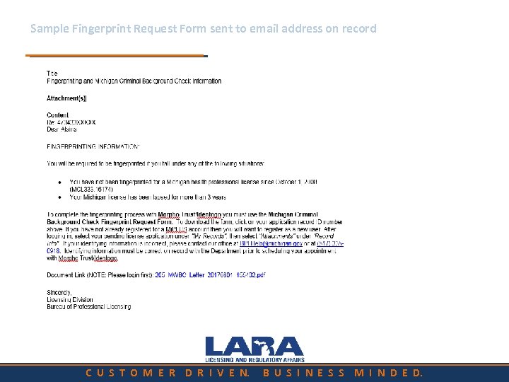 Sample Fingerprint Request Form sent to email address on record C U S T