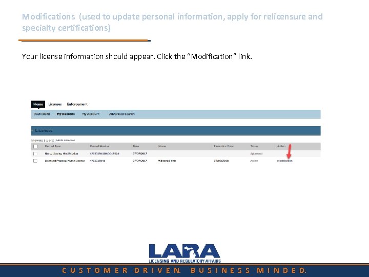 Modifications (used to update personal information, apply for relicensure and specialty certifications) Your license