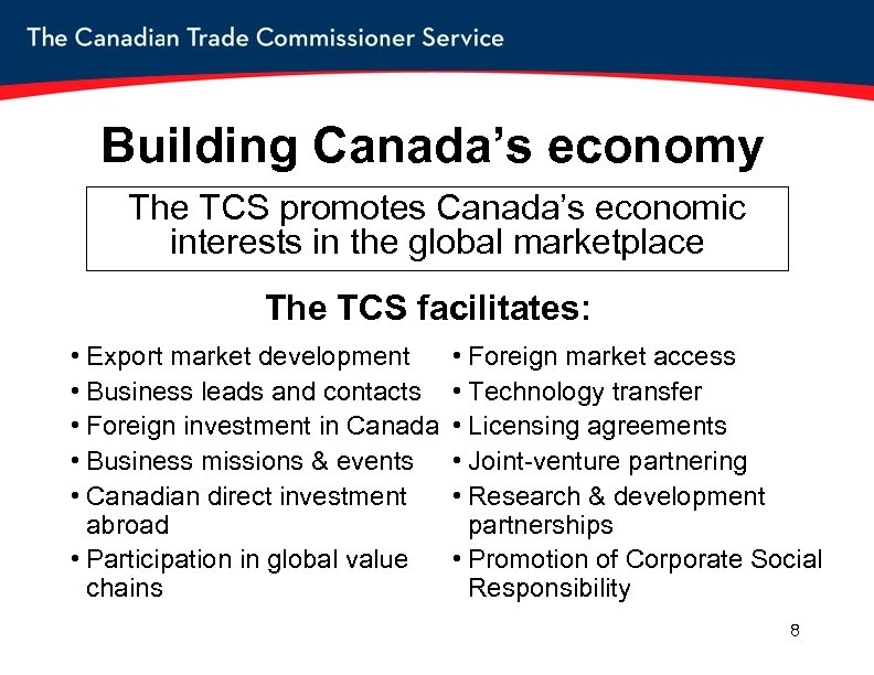 Building Canada’s economy The TCS promotes Canada’s economic interests in the global marketplace The
