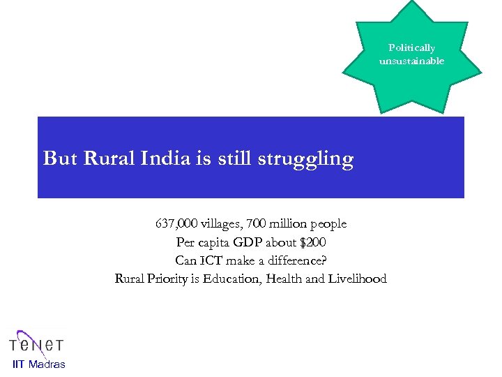 Politically unsustainable But Rural India is still struggling 637, 000 villages, 700 million people